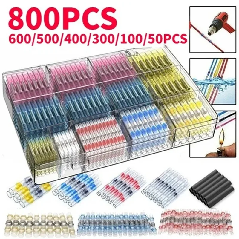 50/100/500/800PCS Waterproof Heat Shrink Butt Crimp Terminals Solder Seal Wire Connector Electrical Wire Cable Splice Terminal