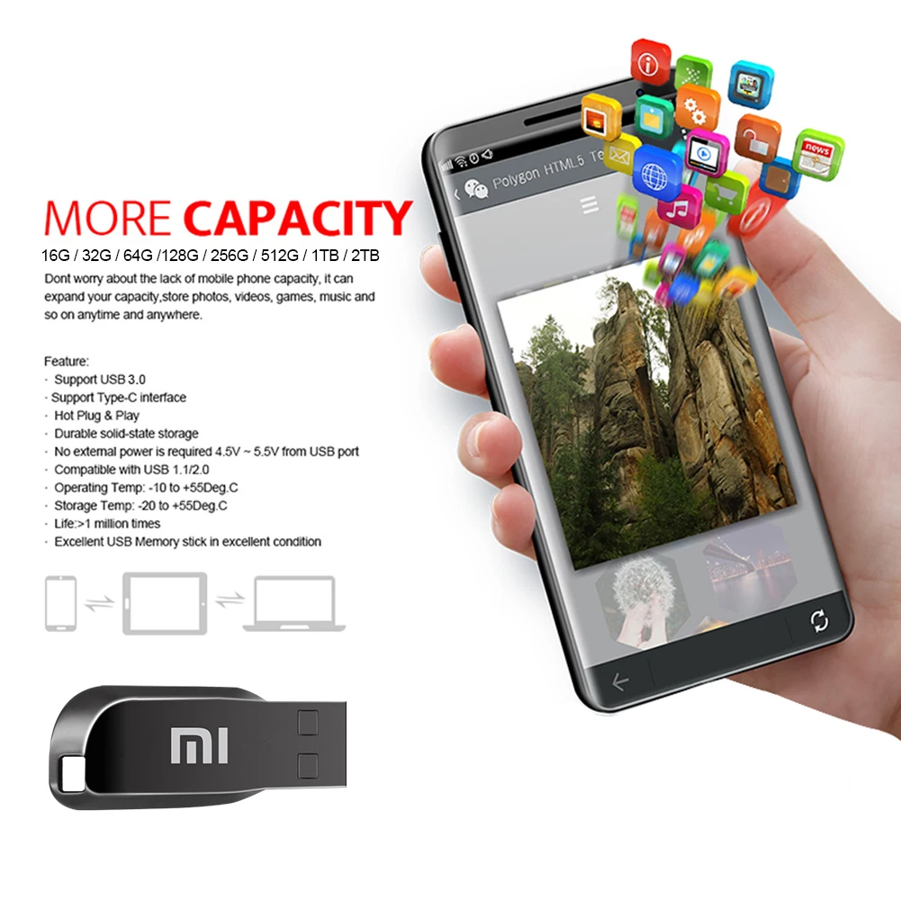 Xiaomi 2TB Metal USB 3,0 Memoria USB Pen Drive Pendrive USB Flash Drive 1TB de alta velocidad Cle USB Flash Memory Key USB Drive para PC