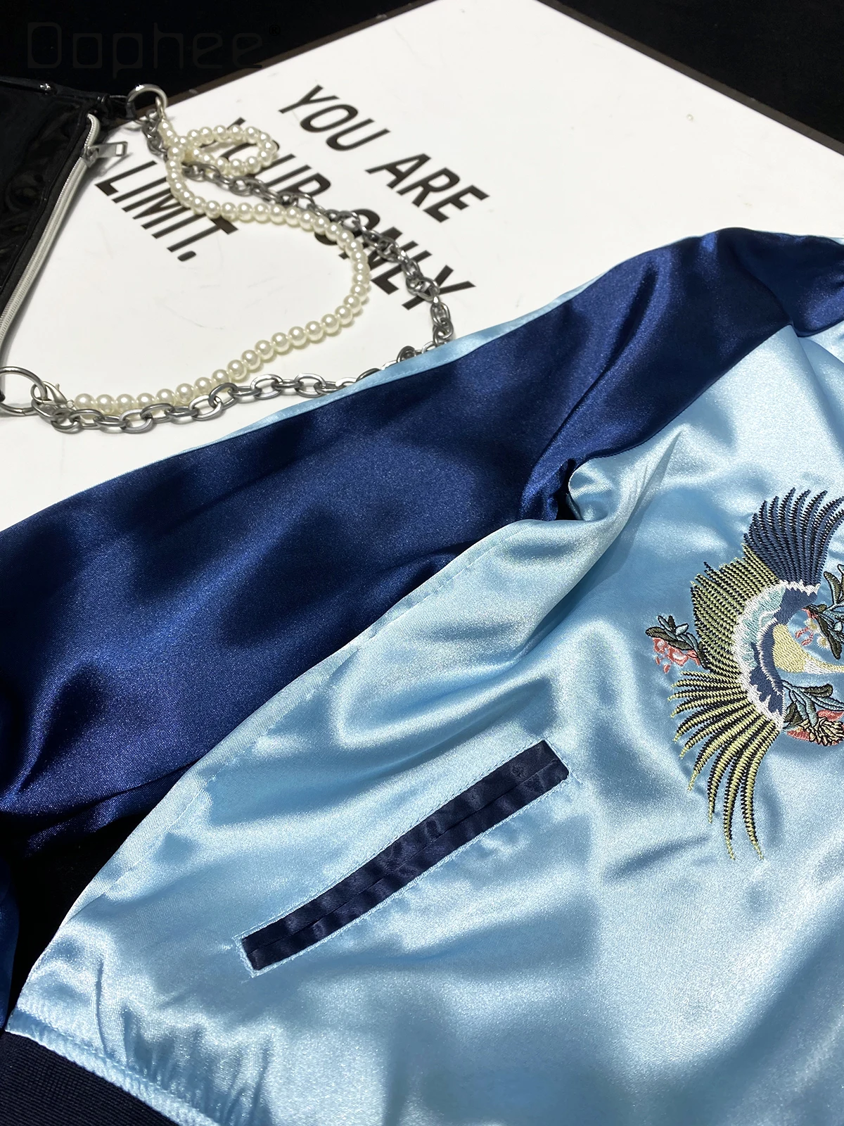 Korea Chic Heavy Embroidery Satin Baseball Jacket Reversible Imitation Satin Glossy Patchwork Loose Casual Jackets for Women