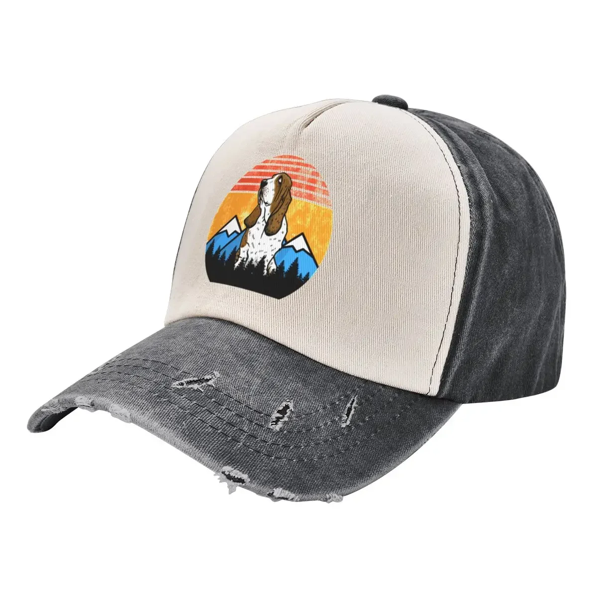 

Vintage Basset Hound Sunset Mountains Forest Retro Distressed Gift Baseball Cap dad hat Golf Wear Women's Beach Outlet Men's