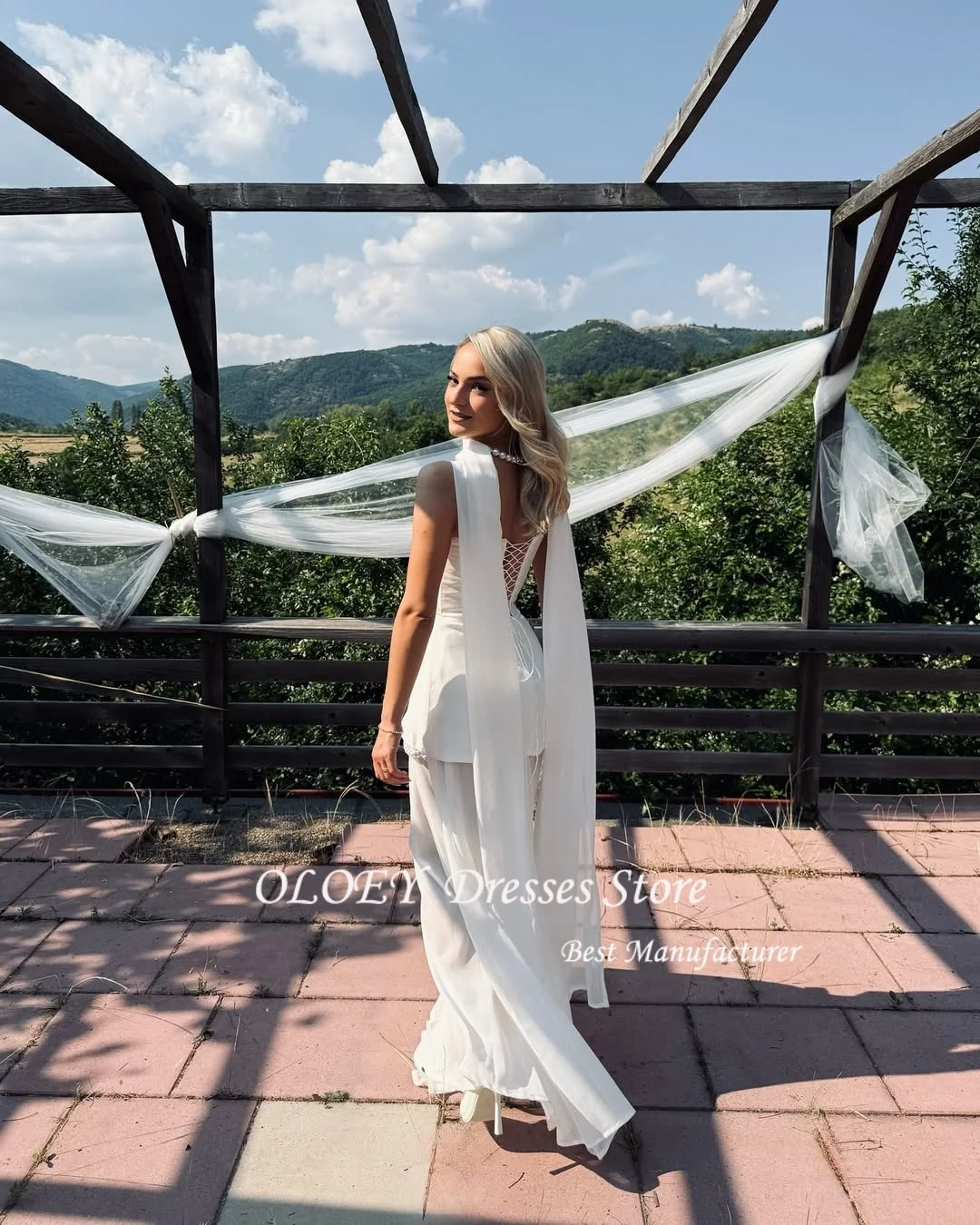 OLOEY ใหม่ Elegant สีขาว Strapless 2 ชิ้นงานแต่งงานชุดไข่มุกผ้าคลุมไหล่แขนกุดความยาวชั้นชีฟองชุดราตรี Customsied