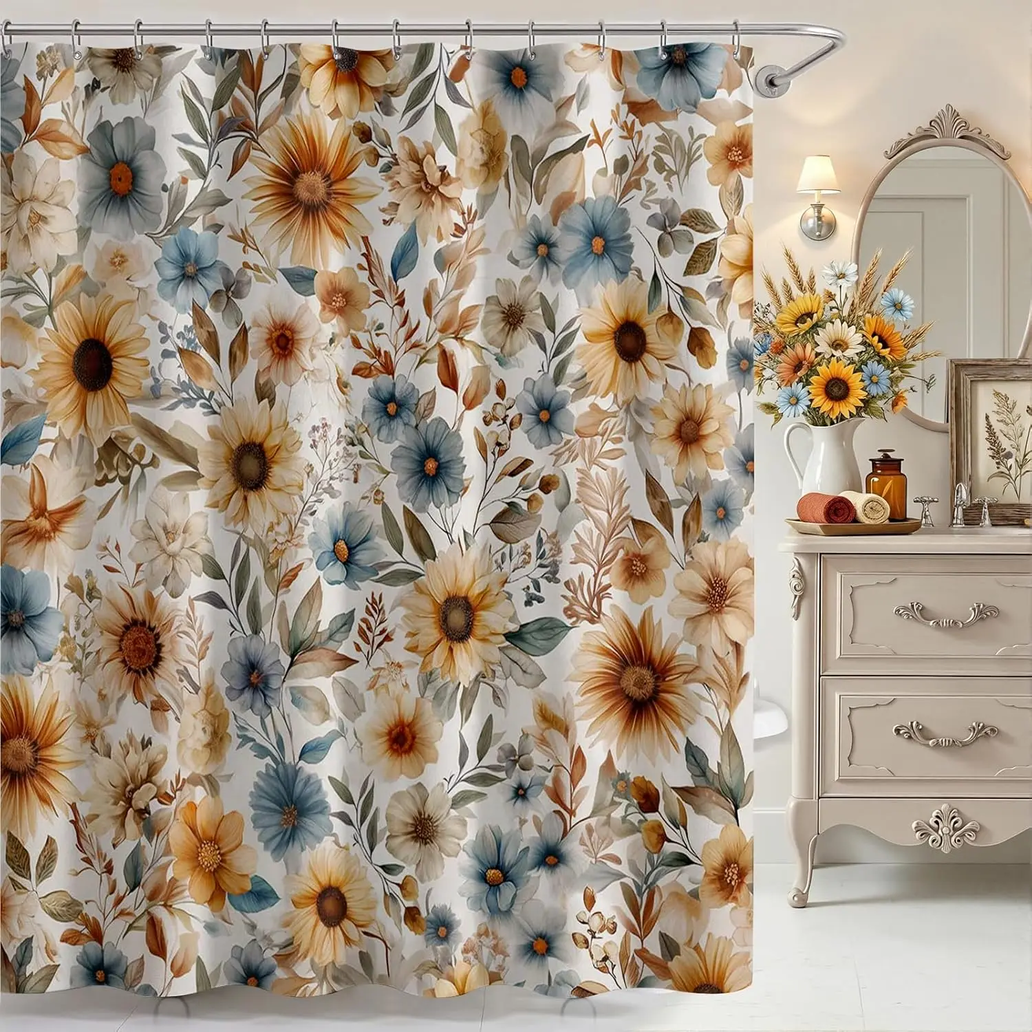 Vintage Floral Shower Curtain – Retro Boho Flowers, Rustic Mid-Century Farmhouse Bathroom Decor 12PCS Hooks 71X71Inch