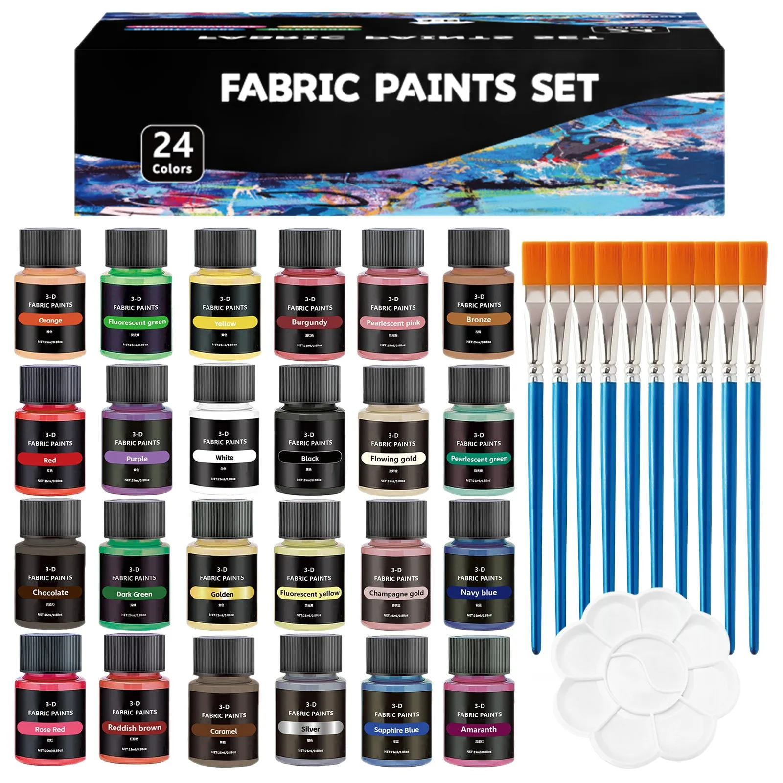 12/24 Colors Fabric Paint Set25ml Wash-resistant Textile Pigment with Brushes Palette DIY Painting for Clothing Canvas Shoes