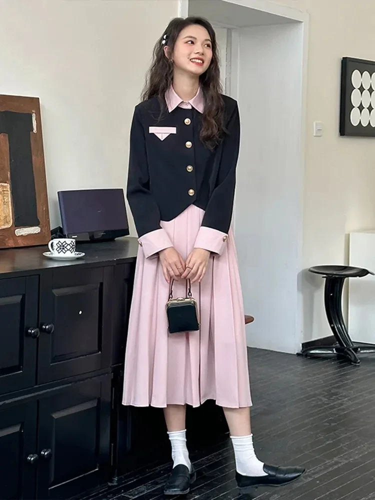 Insozkdg French Style Women Suit Skirt Two-piece Set Contrasting Color Stitching Fake Two-piece Jacket Blazer Pleated Skirt Sets