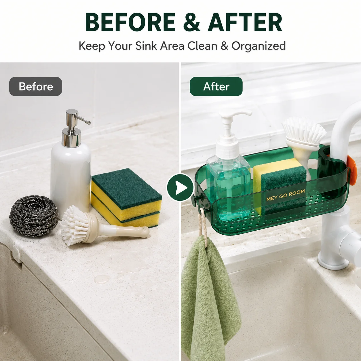 2-Piece Set of Translucent Green Faucet Sink Storage Rack, Hollow-Out Quick-Drain Kitchen Sink Organizer, Multi-Functional Waterproof Bathroom Shower Storage Accessory, Hangable and Detachable Storage Tray, Compatible with Kitchen Faucets, Shower Rods, for Storing Sponges, Dish Soap, Cleaning Brushes, and Toiletries