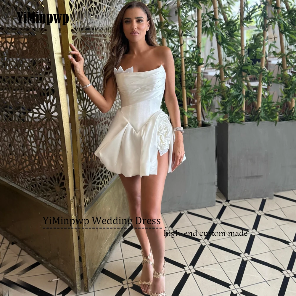 Mini flores vestidos de novia de satén 2025 novia sin tirantes A-Line corsé por encima de la rodilla corto Simple vestidos de fiesta de novia personalizados