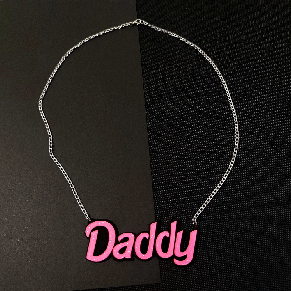 KUGUYS Hot Pink Daddy Pendant Necklace for Women Trendy Jewelry Glitter Fashion Acrylic Letters Sweater Chain