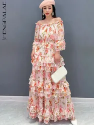 SHENGPALAE Chiffon Printed Cake Long Dress 2024 Spring New Off Shoulder Elegant Ladies Age Reducing Fashion Women's Wear 5R9565