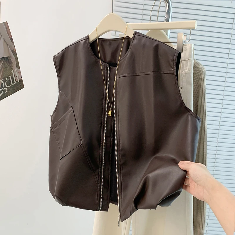 Casual Style PU Leather Vest Zipper Short Pure Color Jacket Loose Workwear Wind Autumn Zipper New Style Button Female Jacket