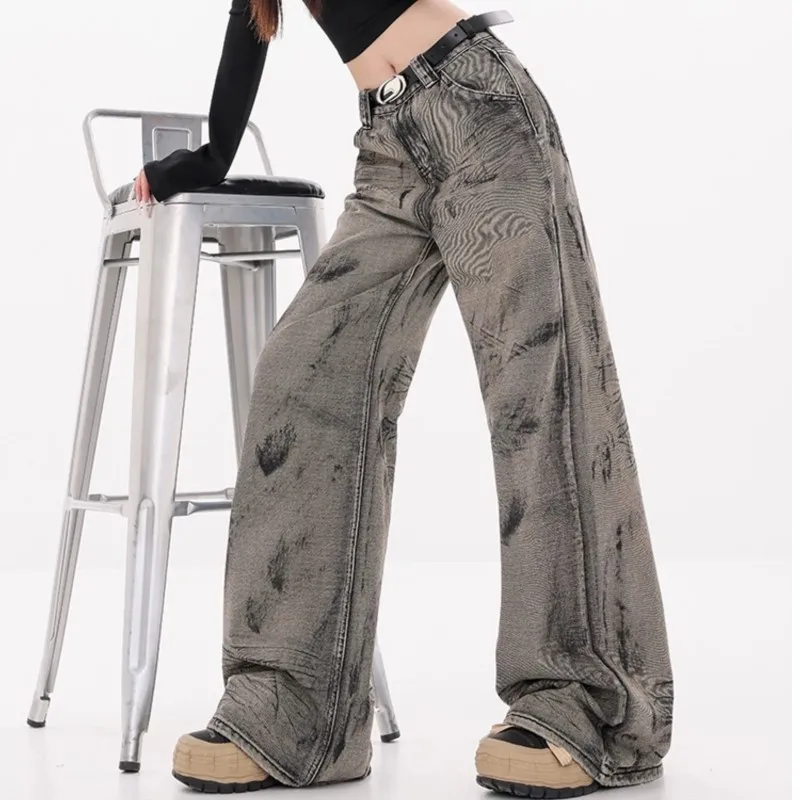 

Y2K Wide Jeans Women Baggy Flared Denim Pants Retro Tie Dye High Waist Loose Fit Streetwear Trousers Gray