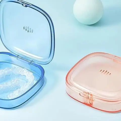 

Portable Dental Retainer Box Case Blue/Orange Denture Tray Box Plastic Teeth Container Denture Box False Teeth Protective Case