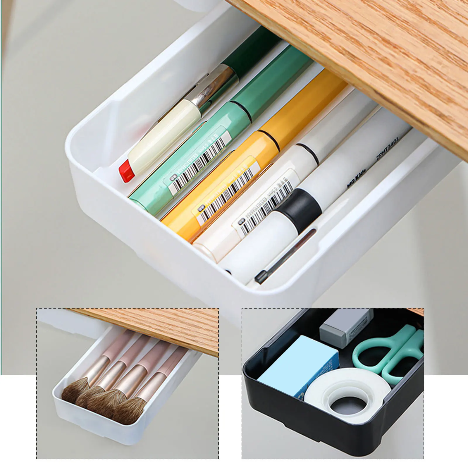 

2pcs Adhesive Desk Drawer Storage Box Large Capacity Hidden Organizer School Supplies Stationery Case Multi Purpose