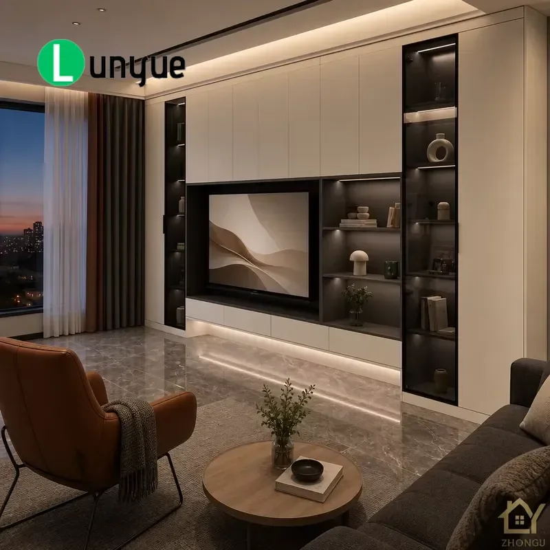 Custom Modern Full Wall TV Cabinet Wood Material LED Shelf Living Room Built-in Media Unit ODM