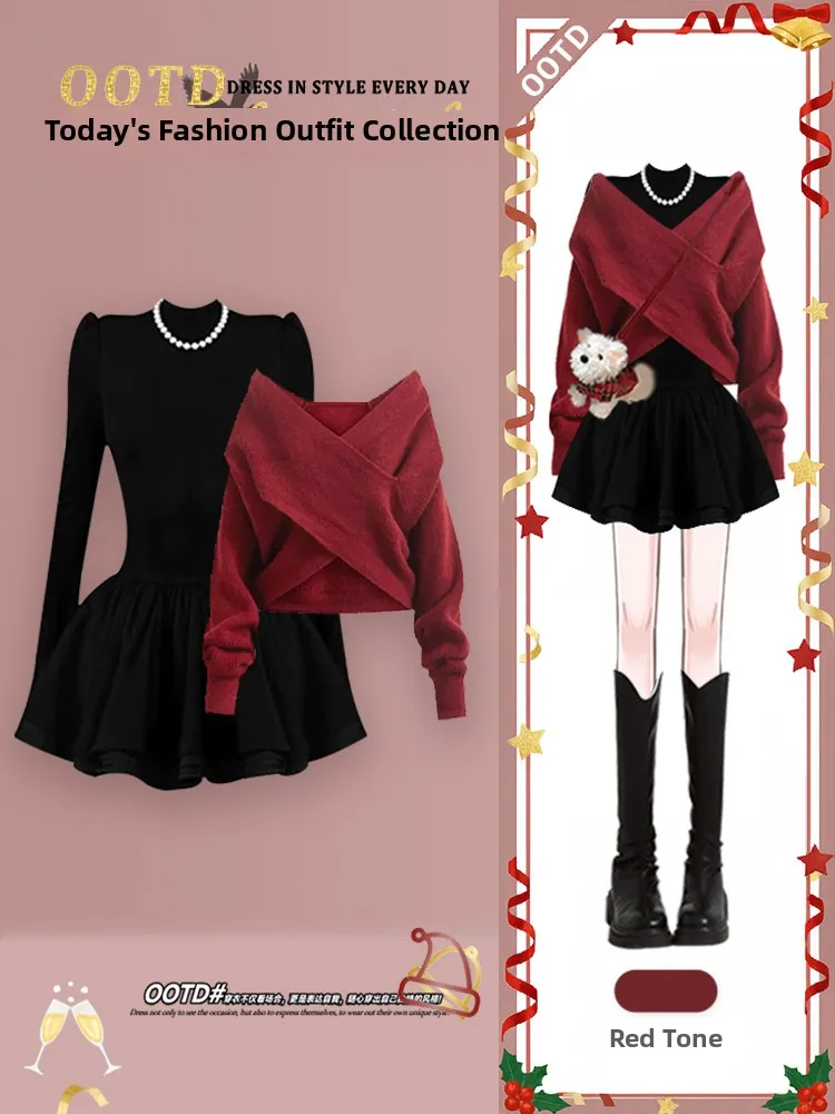 レッドクリスマスドレス レディース スモールフレグランススタイル コンプリートセット 秋冬 高級感 長袖 ハイウエスト Aラインスカート
