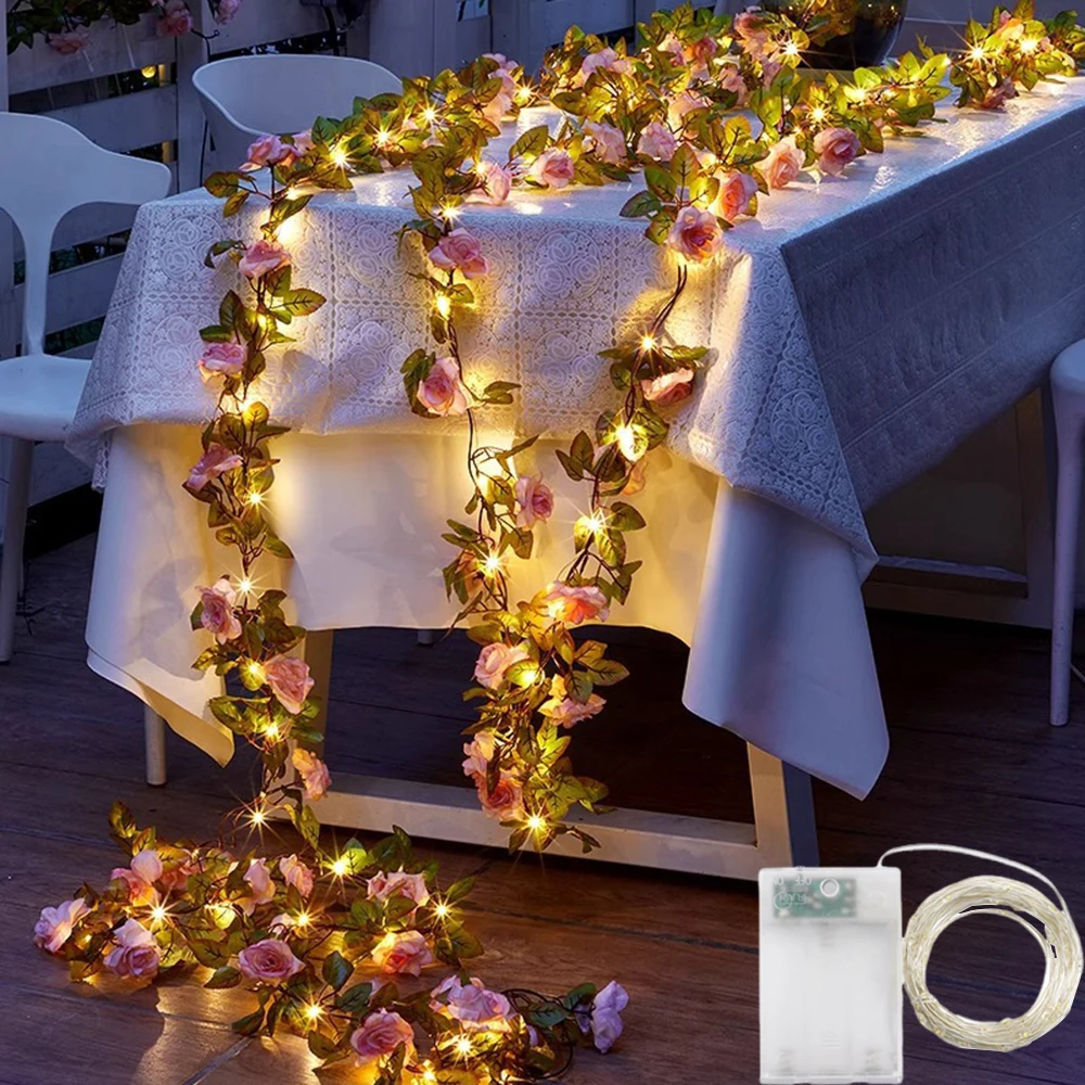 1set Rose Flower LED String Light, Artificial Rose Flower Vine String Lights Hanging Garland Fairy Lights Flower String Light