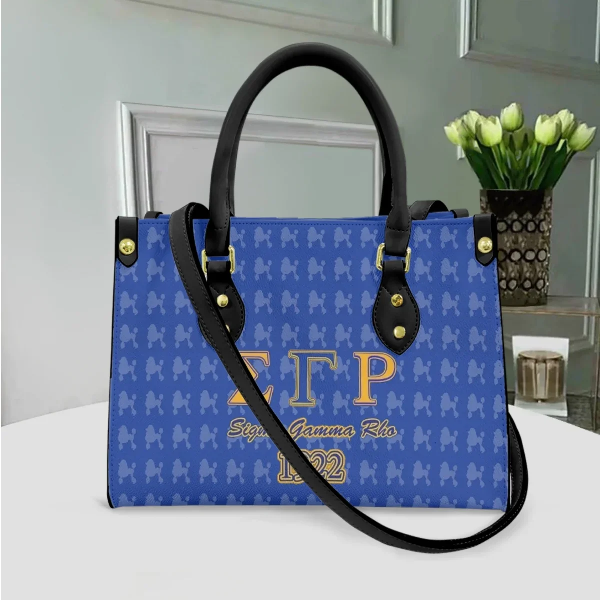 Sigma Gamma Rho Designer Blue Leather Bag Poodle Pattern Casual Large Capacity Totes New Trend Top Handle Cross Body Bags Female