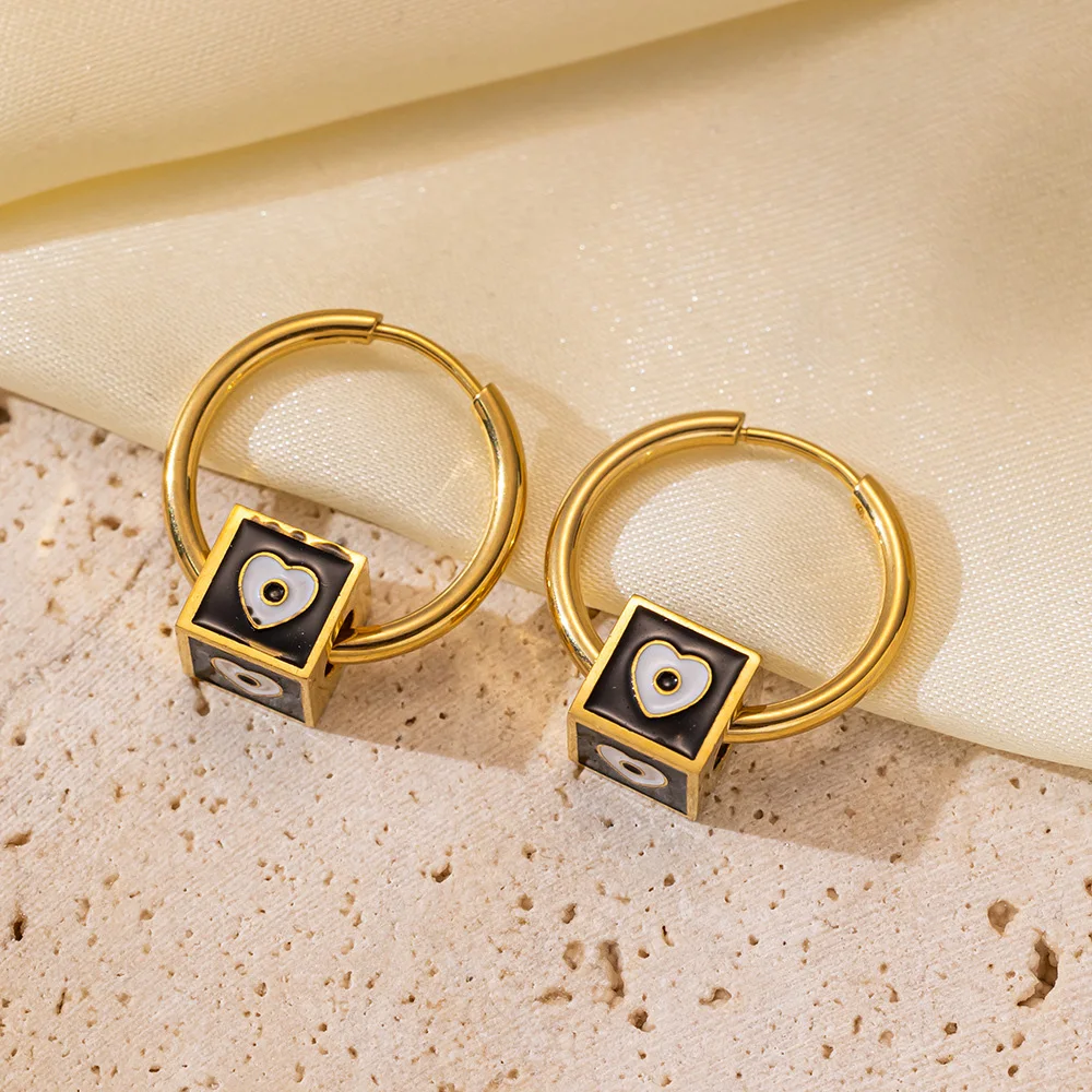 

Fashion Multi color Enamel Evil Eye Cube Beads Box Hoop Earrings Women Stainless Steel Gold Plated Punk Style Jewelry Wholesale