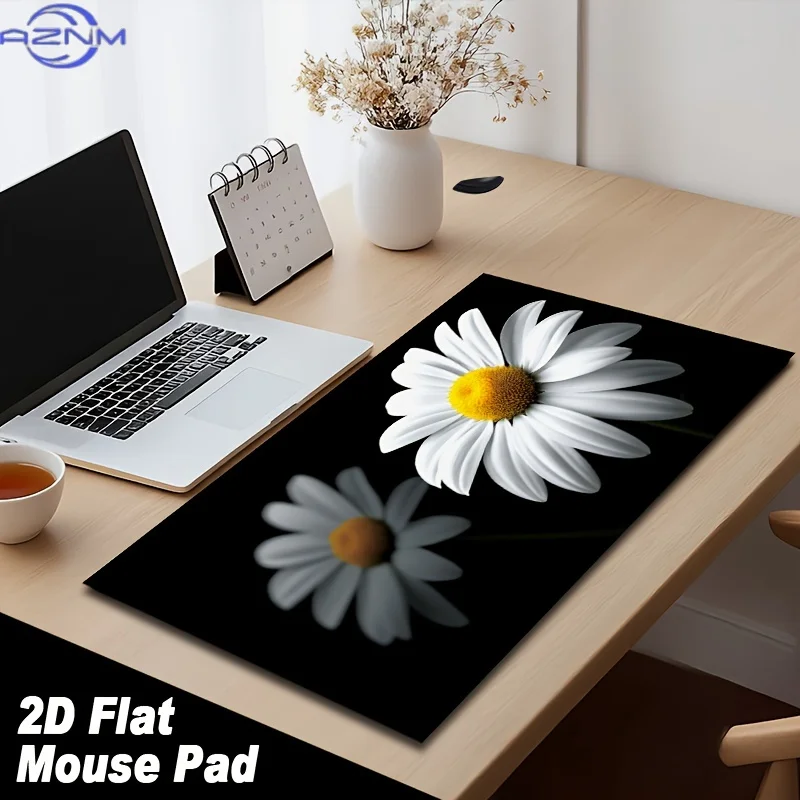1pc Two White Daisies on Black 2D Flat Mouse Pad, Soft and Washable, Very Suitable for Gamers, Office or Home Use, High-Quality