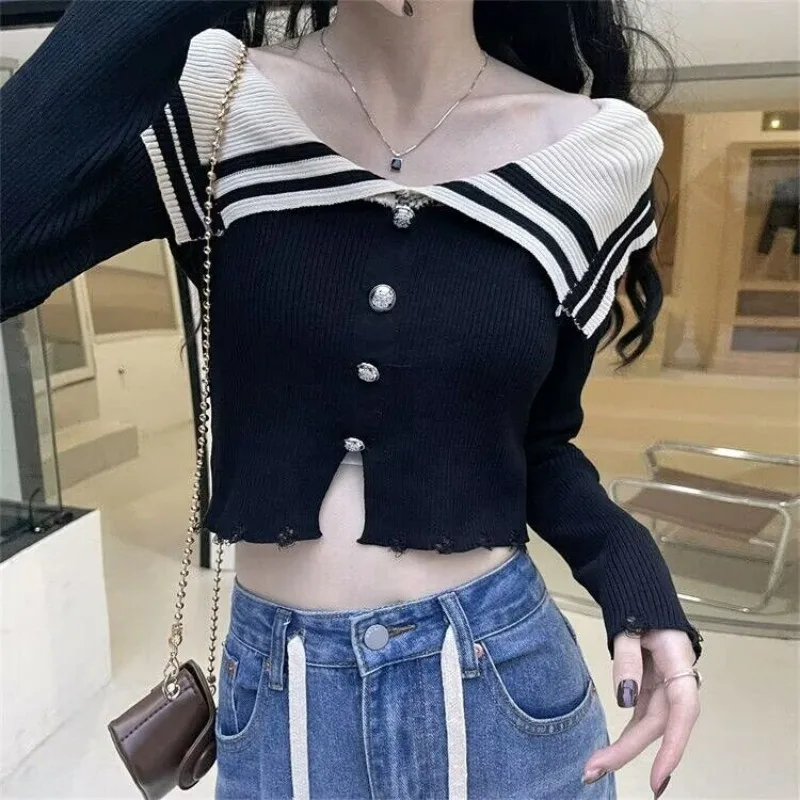 Sweet Sailor Collar Long Sleeve Knitted Sweater Pullover Women's 2024 Autumn New Slim-fit Split Constracting Color Cropped Top