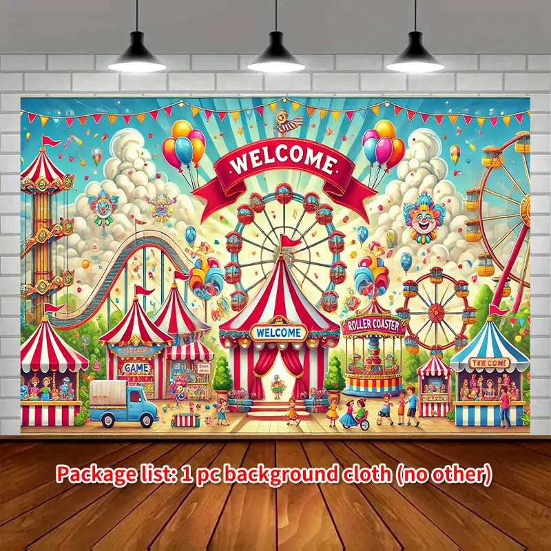 1-lebiges Partybanner zum Thema Karneval und Vergnügungspark mit Riesenrad, Karussell und Achterbahn-Design L