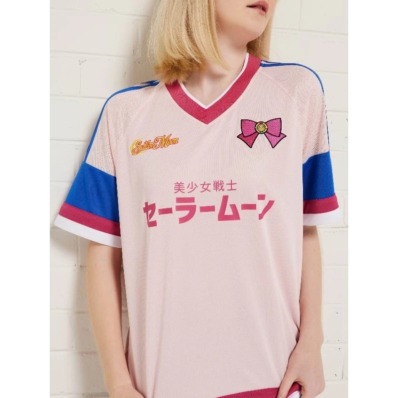 Camiseta Deportiva de Anime Sailor Moon para Mujer, con Lazo Bordado, Texto Japonés, Estilo Casual Urbano