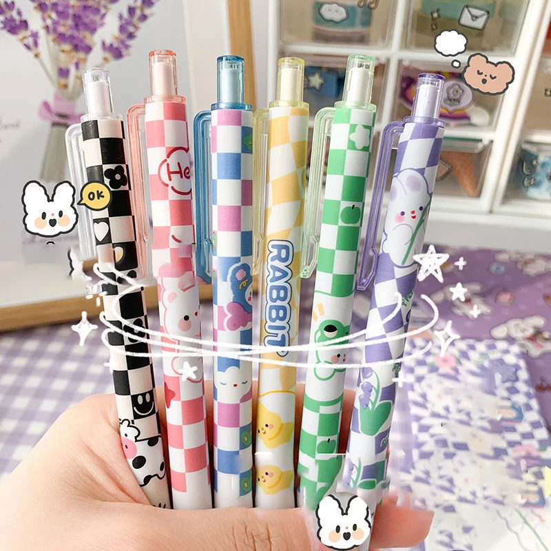 6pcs Cartoon Cute Retractable Gel Pen Set, 0.5mm Quick Dry Black Ink Refill, Black Ink Pen Cute Pen, Writing Journal Notes Offic