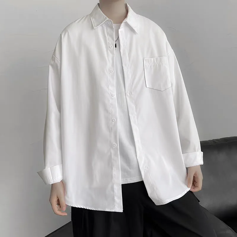 

Весенние и осенние рубашки с длинными рукавами, мужские однотонные модели, универсальные тенденции, корейские повседневные топы.