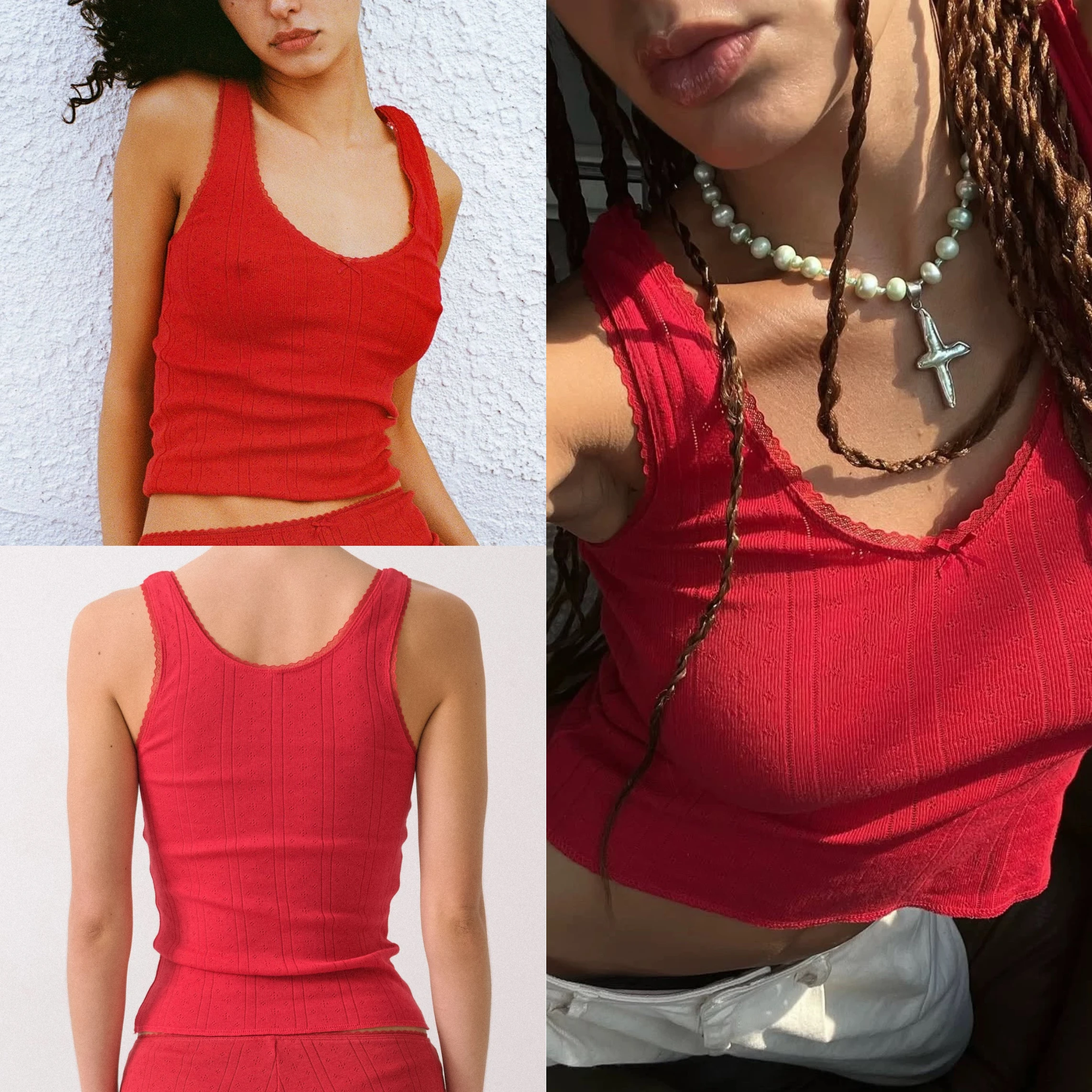 

Red Sexy Lace-Trimmed Wide-Strap V-Neck Tank Top, Fashionable Casual V-Neck Camisole, Versatile Pure Cotton Top for Home and Outdoor Wear