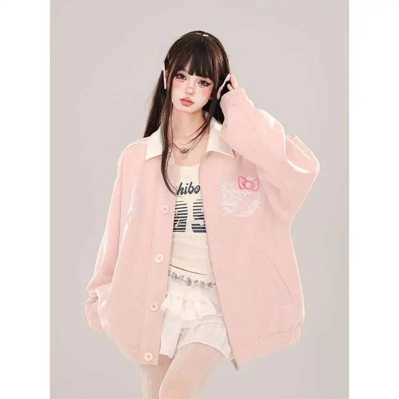 

Kawaii Hello Kitty толстовка на молнии Sanrioed аниме весенний хлопок милый темно-синий кардиган с воротником пальто для девочек студенческие свободные топы тренд