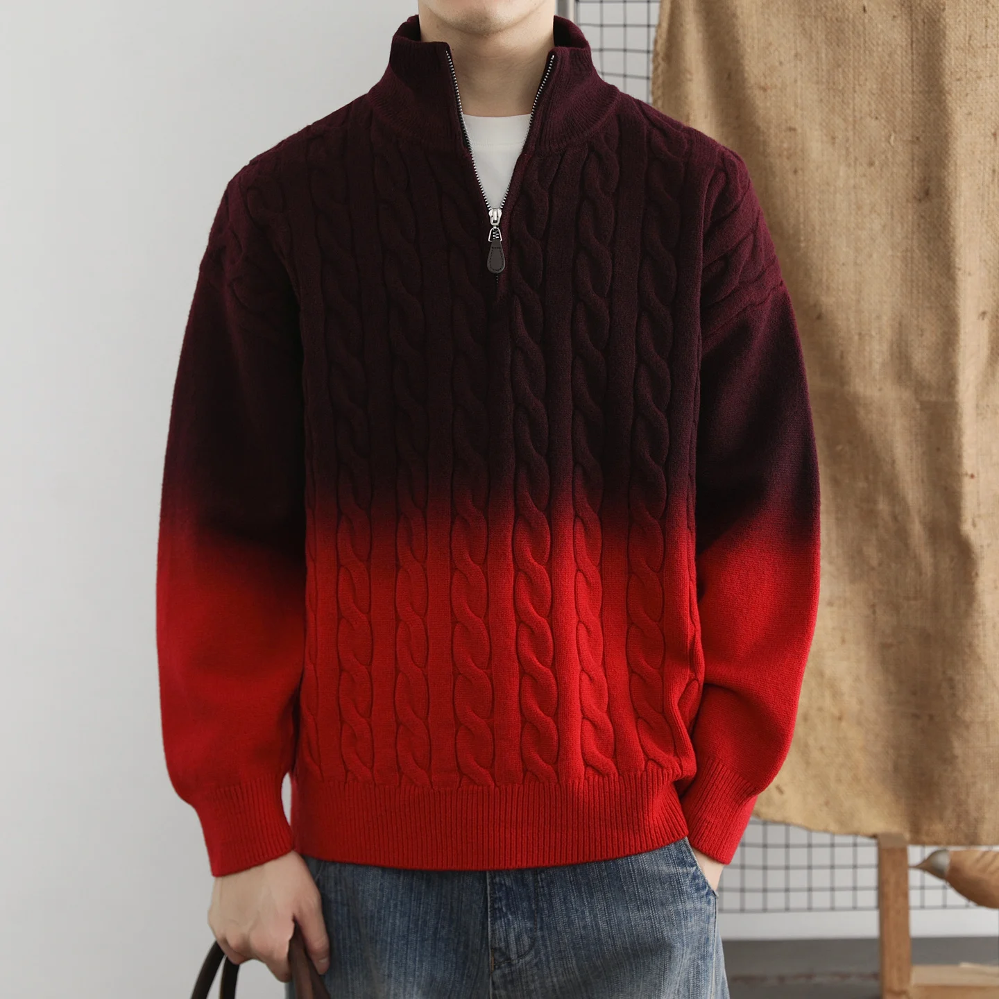 

Мужской утепленный вязаный свитер с высоким воротом, витым узором и градиентным цветом, модный ретро-стиль, для зимы и осени