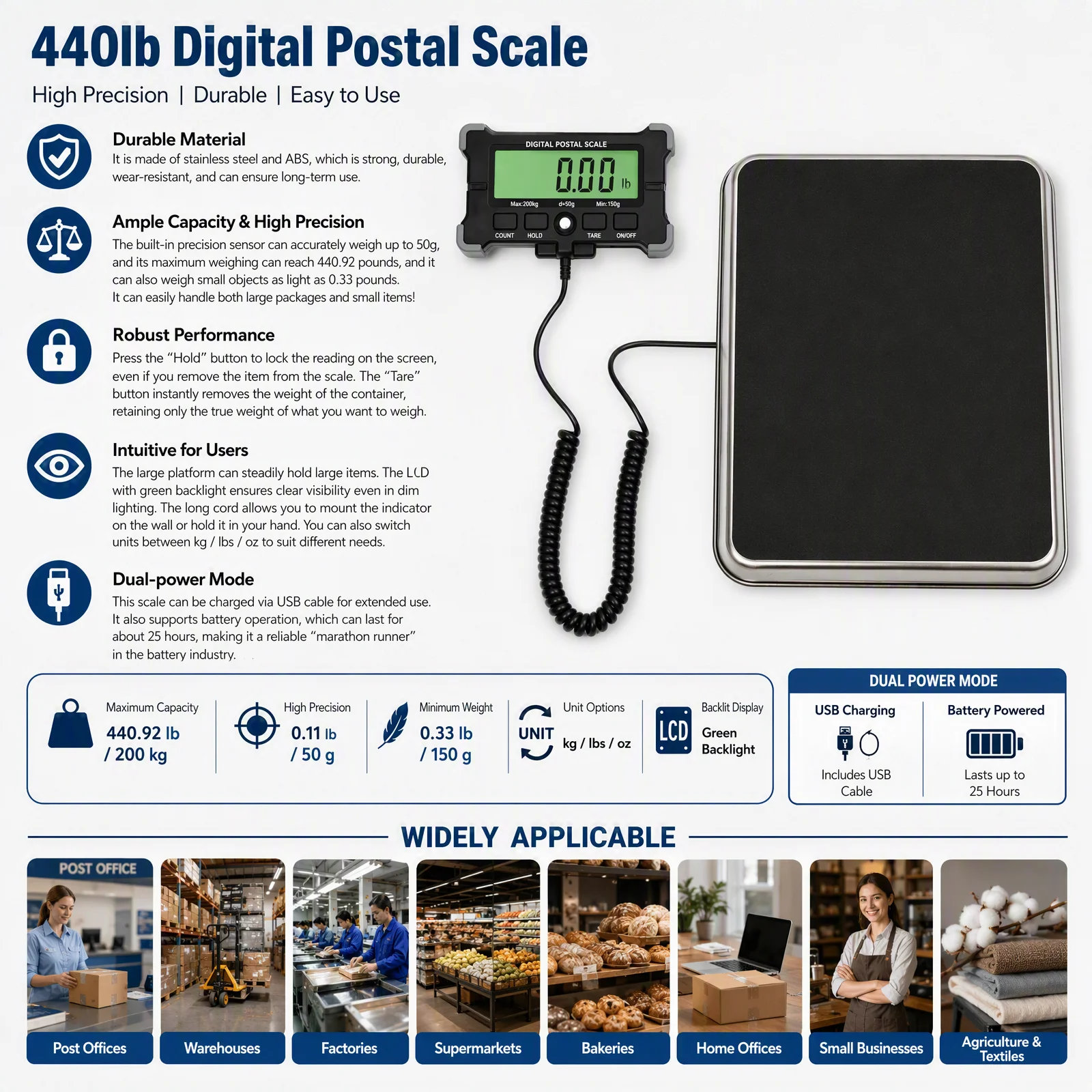 Mail Parcel Scale 440.92lbs Digital Shipping Scale with USB Cable, Stainless Steel Postal Scale for Packages, High Accuracy 50g, Hold & Tare, LCD Display for Office Home Business