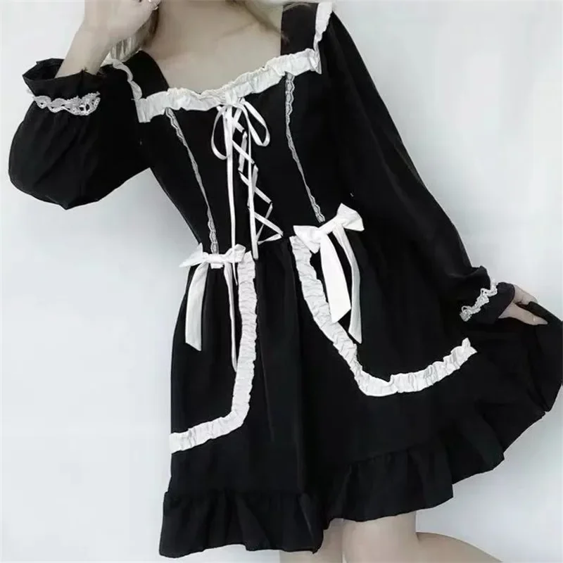 Spring and Autumn Mori Girl Style Dress Women Ruffles Patchwork Square Collar Japan Lace Up Female Black Dress Women Clothing