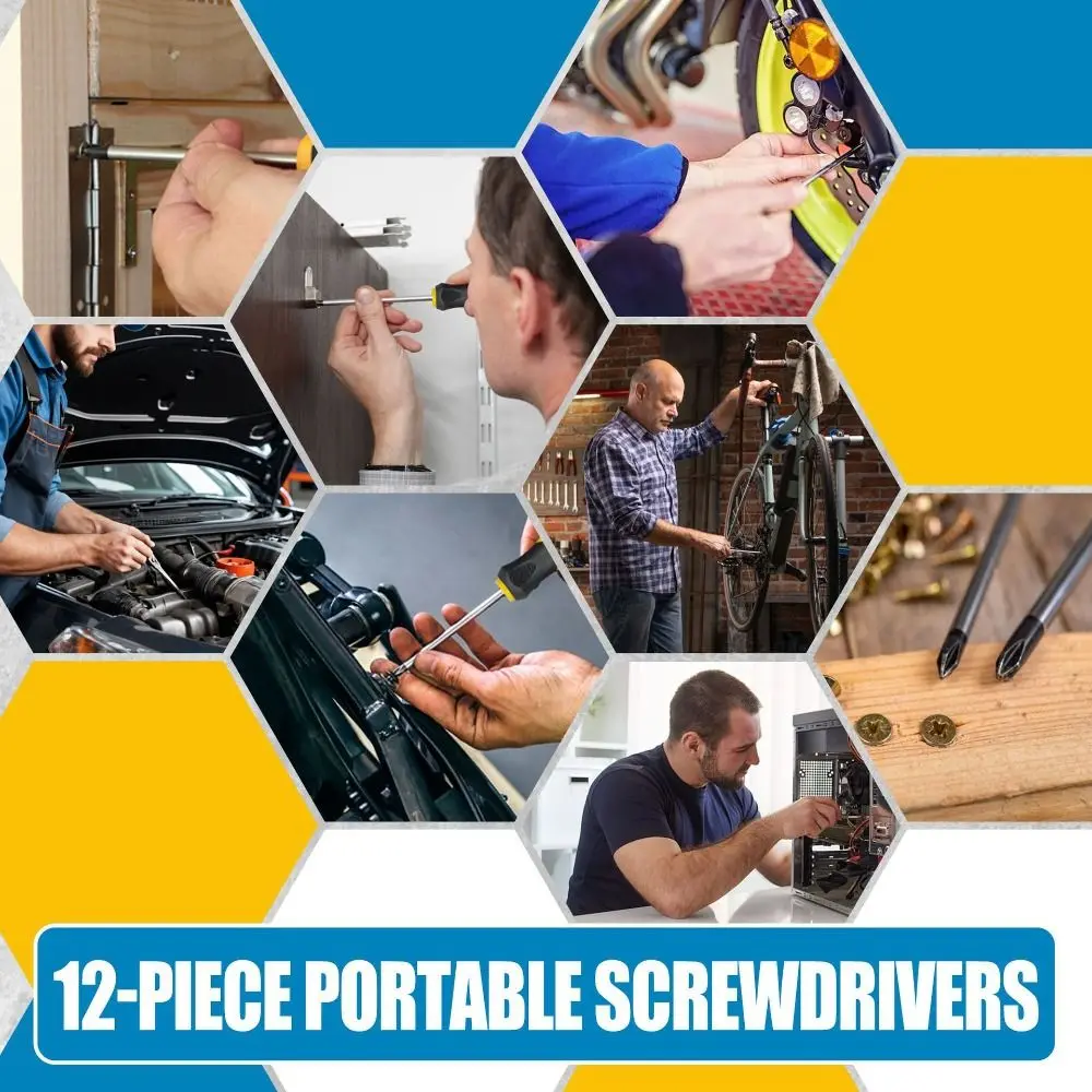 

12-Piece Magnetic Screwdriver Set Yellow Magnetic Tips Manual Repair Tool Kit Cushion Handle Handy Bucket for 11/12pcs/bucket