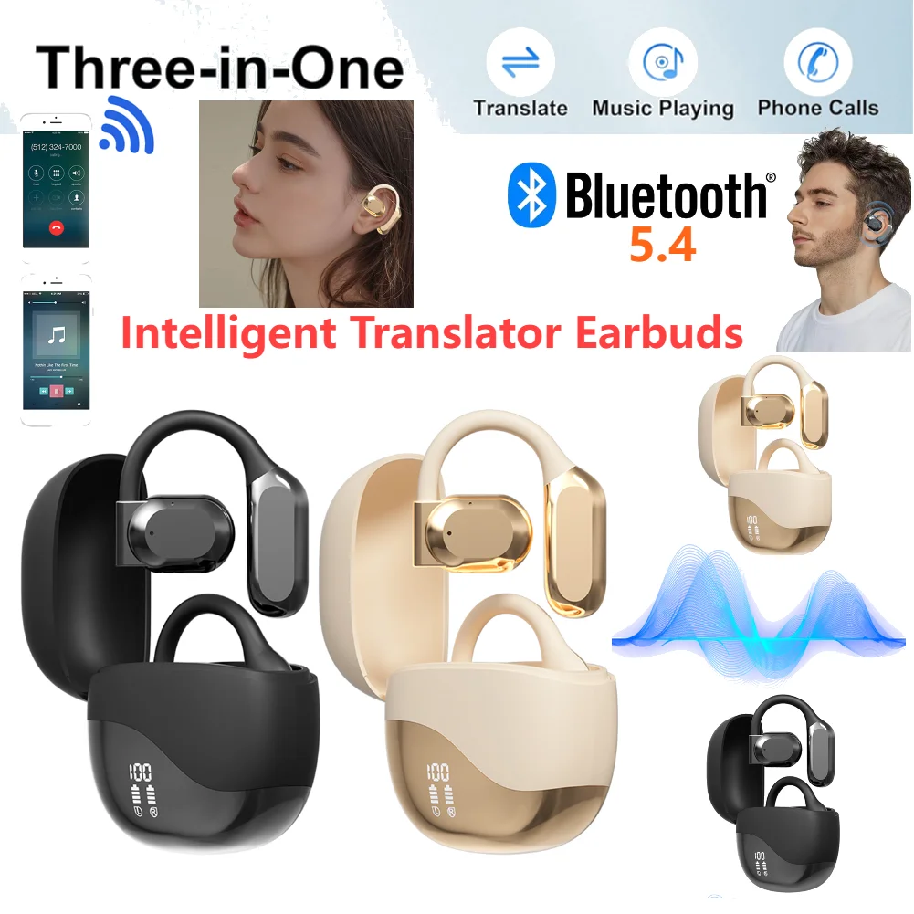 Intelligent Translator Earbuds Bluetooth 5.4 Noise Cancelling Real Time AI Translator Earbuds Ear Hook Two-Way Voice Translator