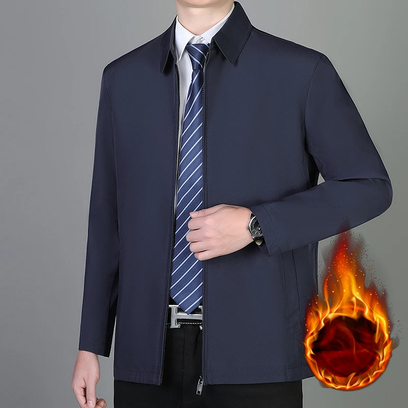 

New Autumn Winter Men's Business Official Jacket Stand Collar Casual Warm Fleece Lined Coat Fashion Formal Outerwear Male Coats