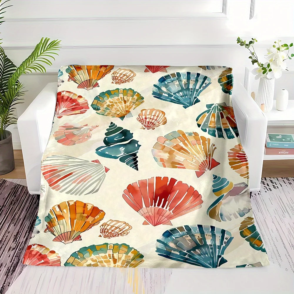 Cozy All-Season Flannel Throw Blanket with Colorful Beach Shell Print - Soft, Reversible & Machine Washable - Perfect Gift for