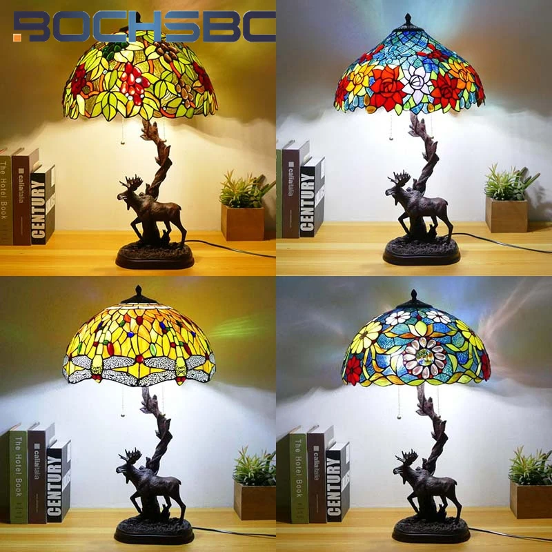 

BOCHSBC Tiffany style colored glass American 16 inch elk retro desk lamp for study bedroom living room dining room LED decor