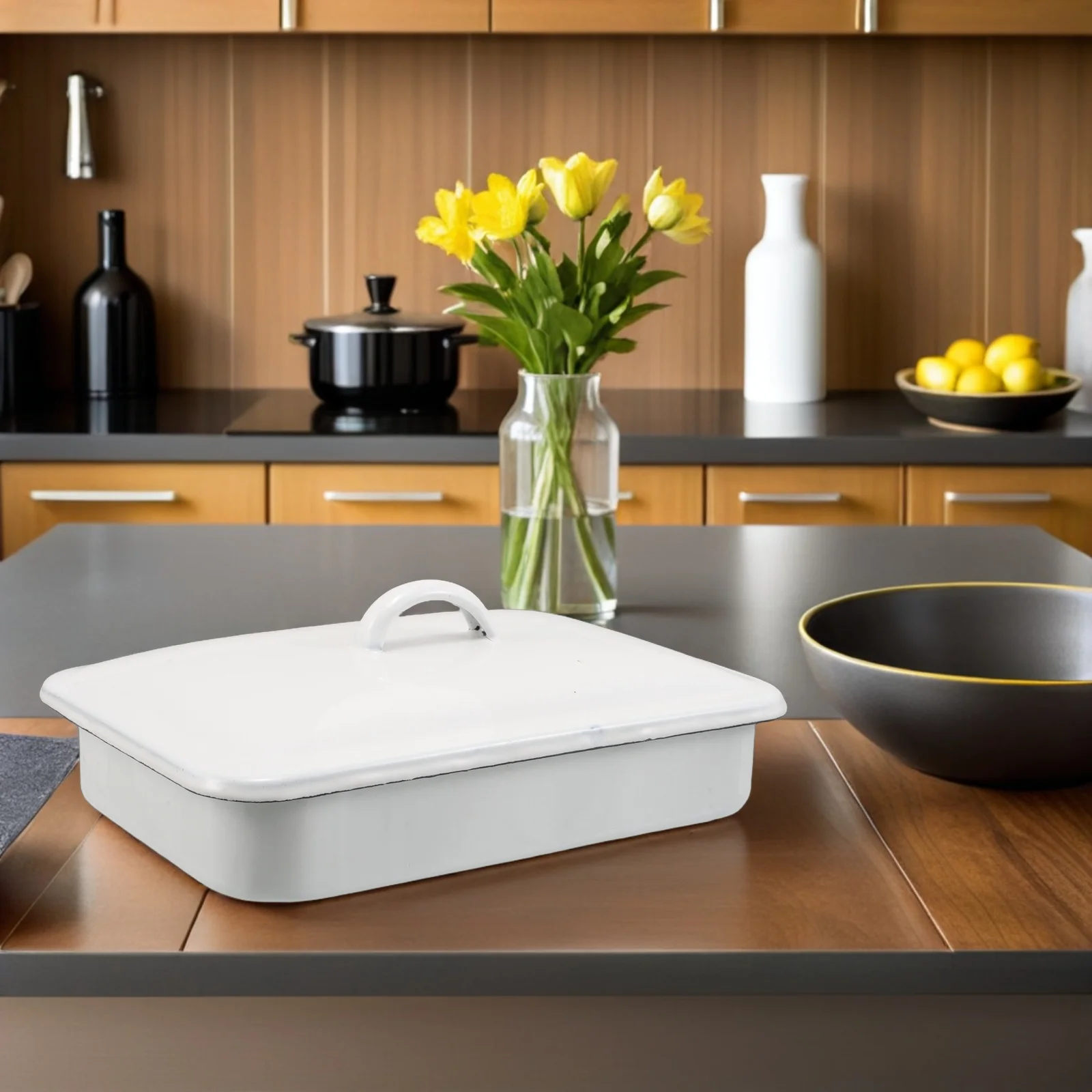 صينية تحميص بالمينا مع غطاء، صينية خبز مستطيلة غير لاصقة، آمنة للفرن، آمنة للاستخدام في غسالة الأطباق لخضروات اللحوم