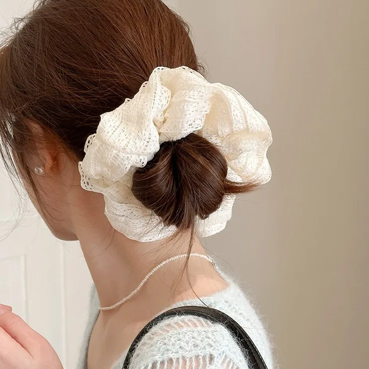 Elastic Hair Tie Hollow Ribbon Layered Scrunchie Korean Sweet High Ponytail for Women Daily Use Black
