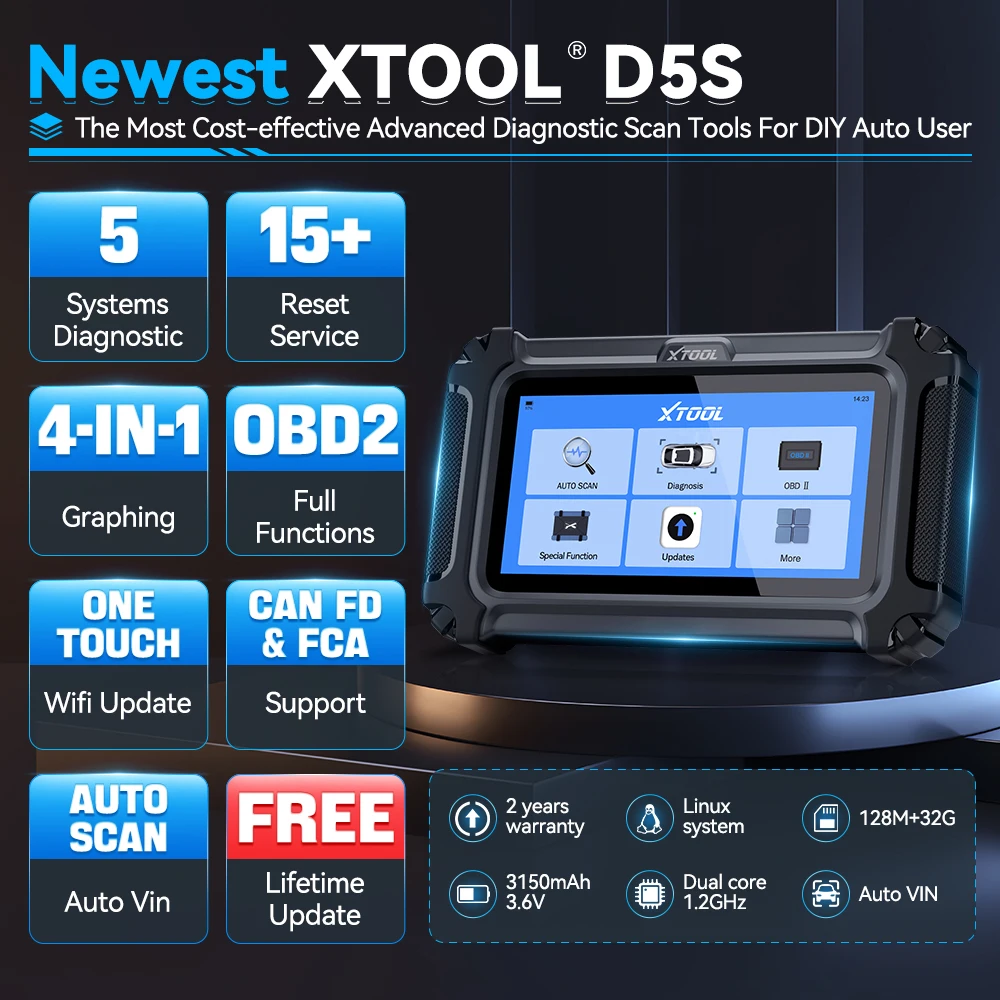 XTOOL D5S 5 System Car Diagnostic Tools With 15 Reset Services OBD2 Scanner Lifetime Free Update Auto ABS EPB SRS Engine AT Tool