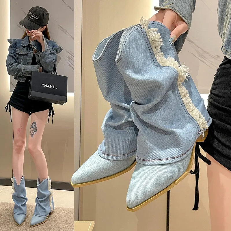 

2025 New Western Style Tassel Pointed Toe Pleated Women Ankle Boots Patchwork High Heels Slip on Fashion Retro Ladies Shoes