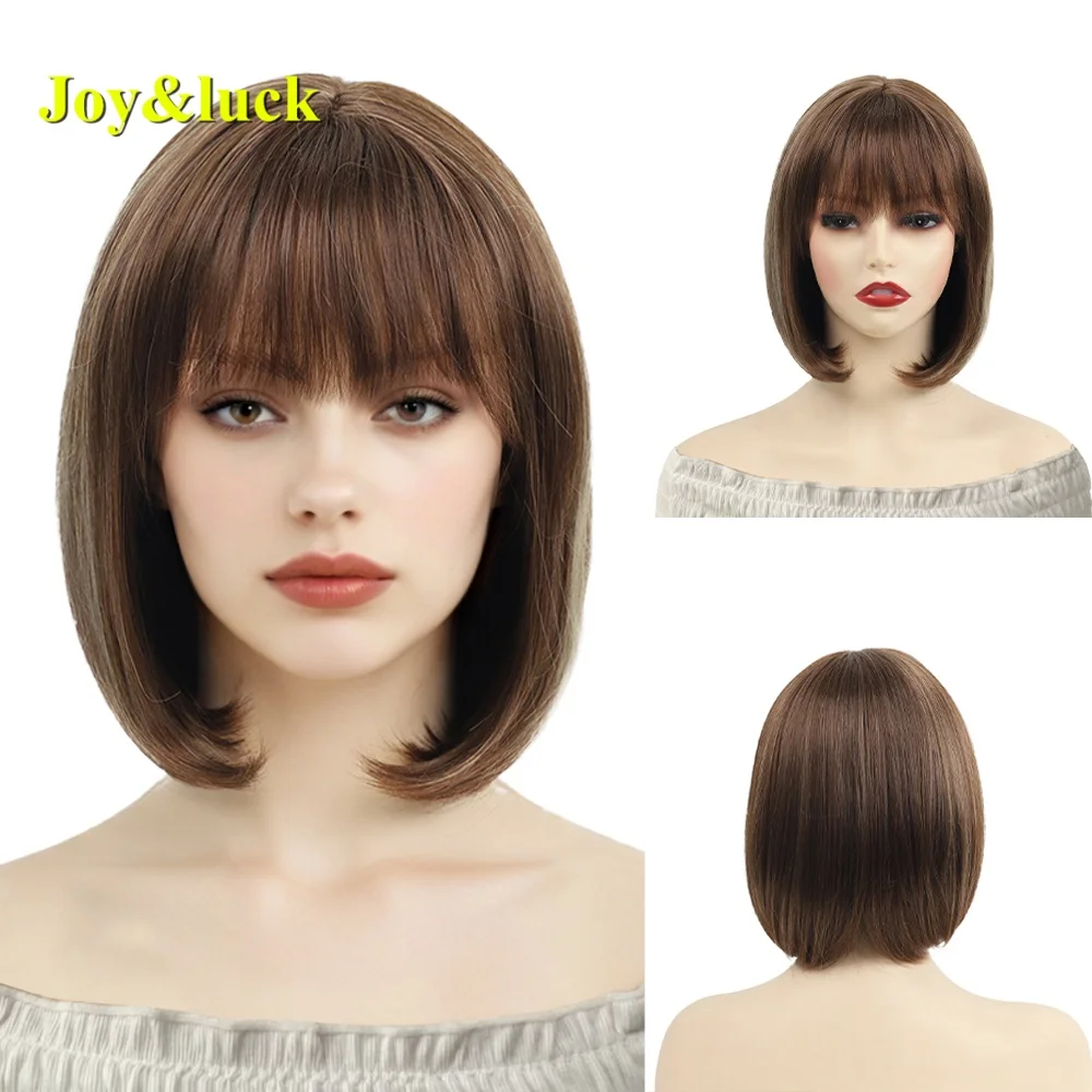 

Synthetic short straight wig bobo brown bangs wig for women, natural and fashionable,suitable for various occasions