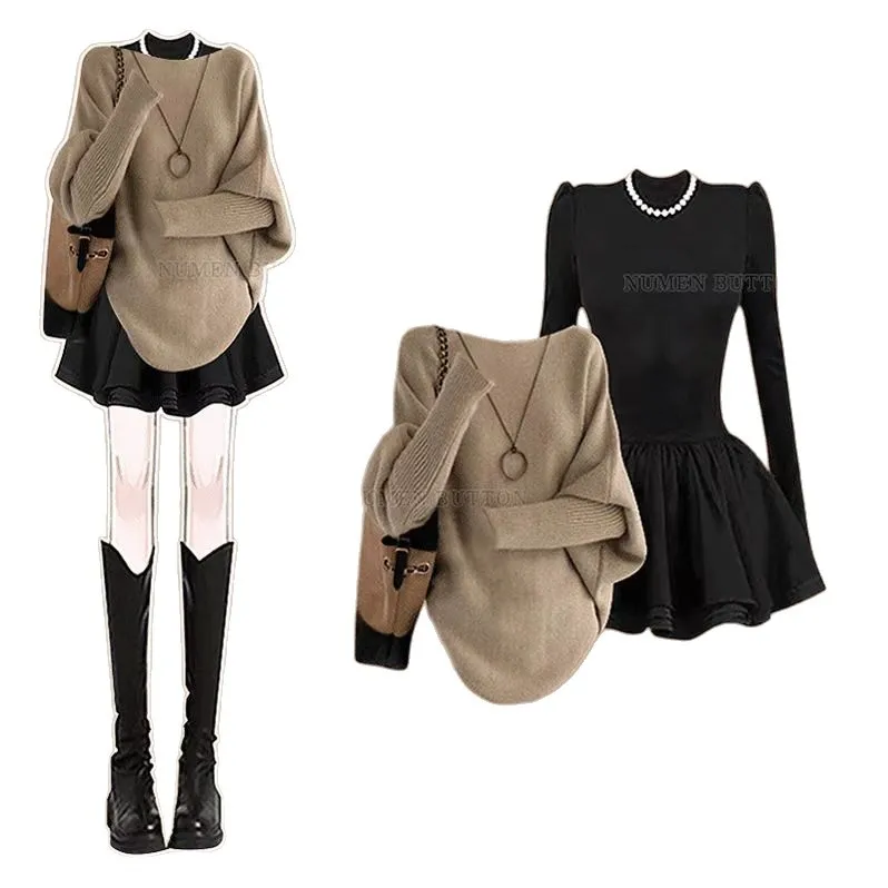 Autumn and Winter Light Mature Style Dressing, Feminine Retro Knitted Sweater, Korean Style Waist Cinched Dress Two-piece Set