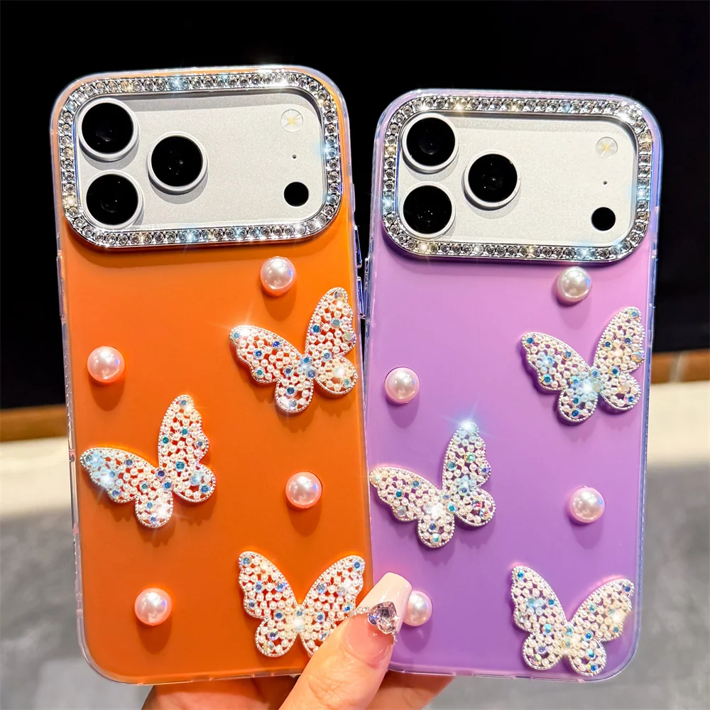 Luxury Shiny Rhinestone Butterfly Pearl  Phone Case for 17 Pro Max Bead Lanyard Matte TPU Protective Cover for iPhone 16 15 14