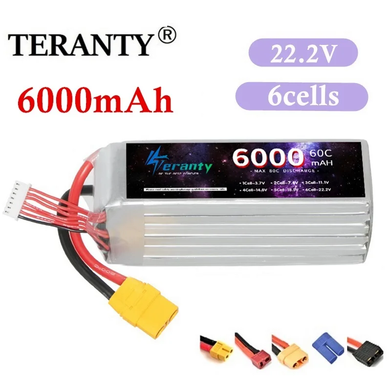 Teranty-batería Lipo 6S para Dron, conector XT60 de 22,2 V, 6000mAh, 60C, para máquina voladora, piezas FPV de coche DlY