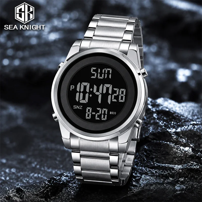 SEA KNIGHT Electronic Watch for Men Luxury Stainless Steel Strap Outdoor Sports Watch Man LED Luminous Digital Waterproof Clock