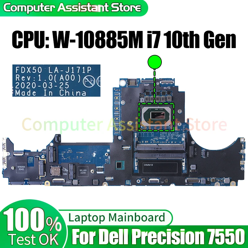 

For Dell Precision 7550 Laptop Mainboard LA-J171P 01CFGW 04JGVR W-10885M i7-10750H i7-10850H Notebook Motherboard