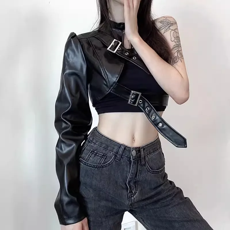 REDDACHiC Deconstructed Black Leather Shrug Jacket Women Steampunk One Shoulder Asymmetrical Cropped Coat Retro Y2k Streetwear