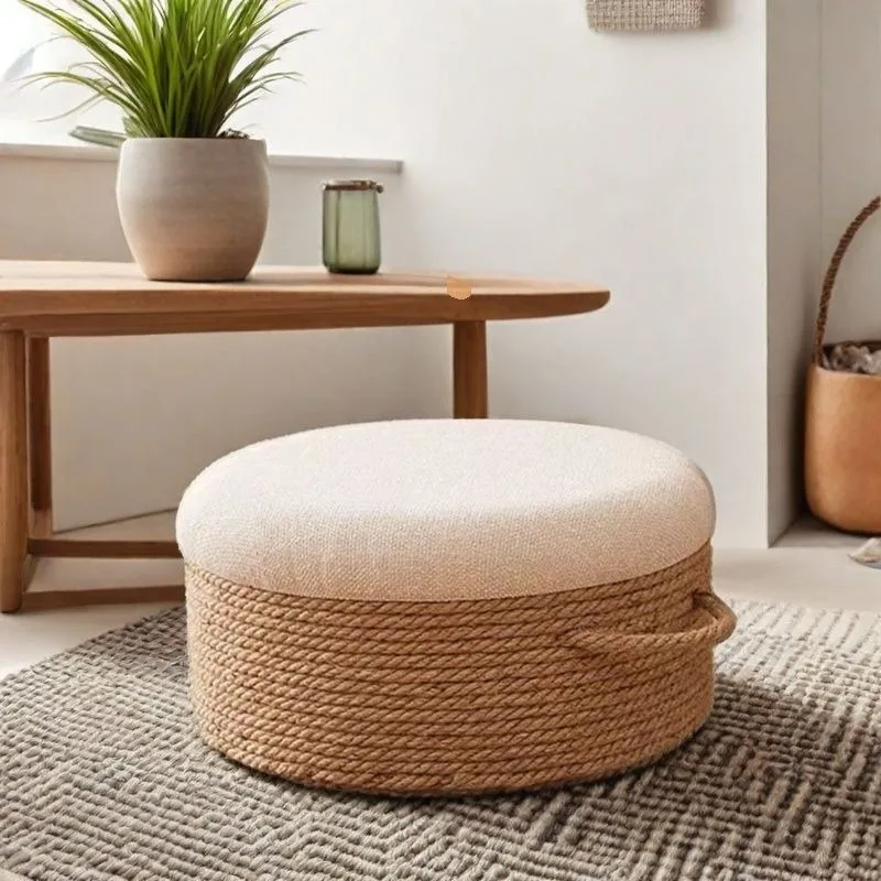 Household Low Stool Living Room Bench Hemp Rope Sofa Stool Antique Solid Wood Round Pedal Ottomans Wood Shoe Changing Stool