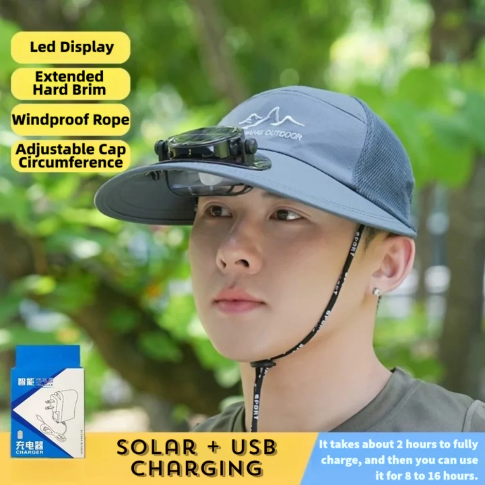 

Mesh Sun Hat with Solar Fan Waterproof USB Recharging Wide Brim Fan Cap Breathable Sun Protection Solar Cooling Hat Fishing